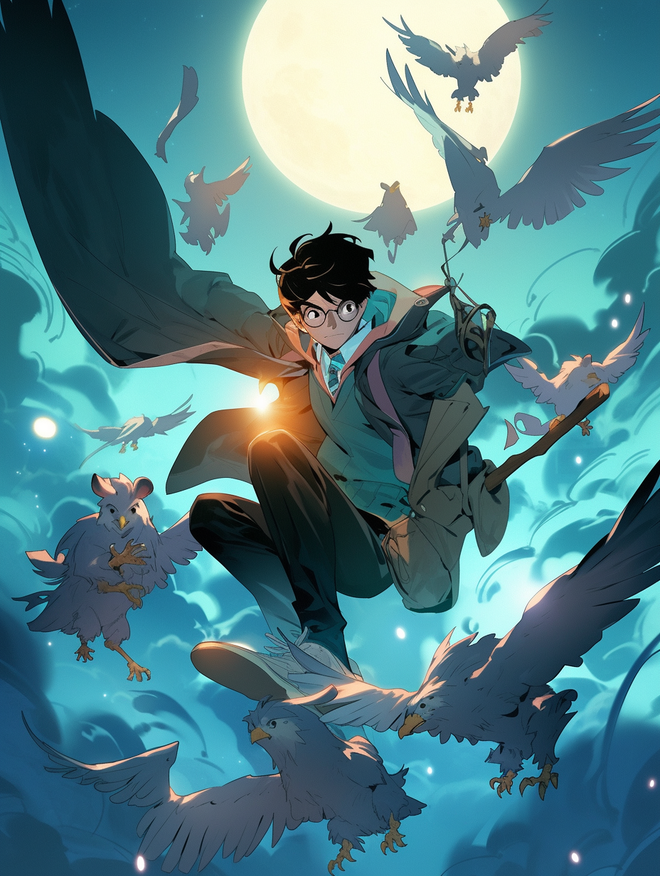 Harry Potter flying with mythical creatures