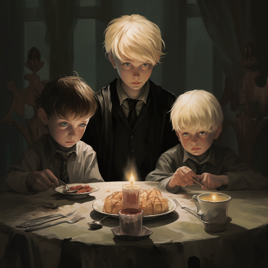 Harry Potter, Draco Malfoy, and Scorpius Malfoy savoring pudding