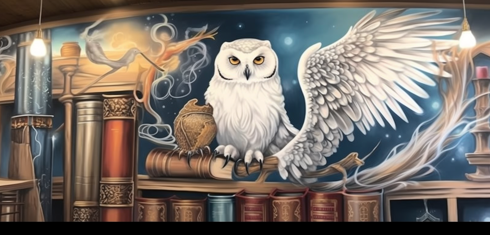 Artistic Harry Potter Mural featuring Hedwig and Magic Wands