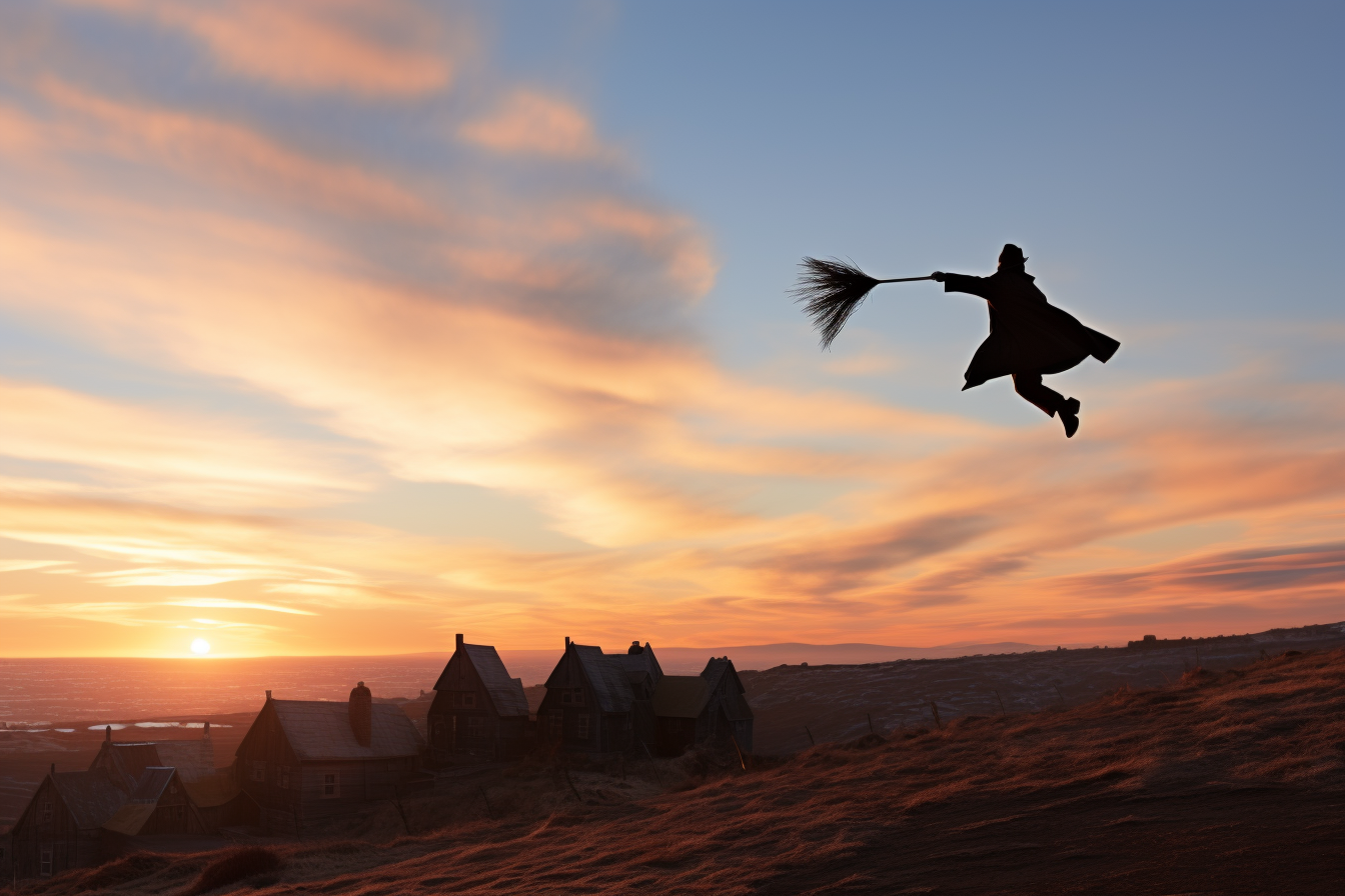 Harry Potter flying on broom at sunset