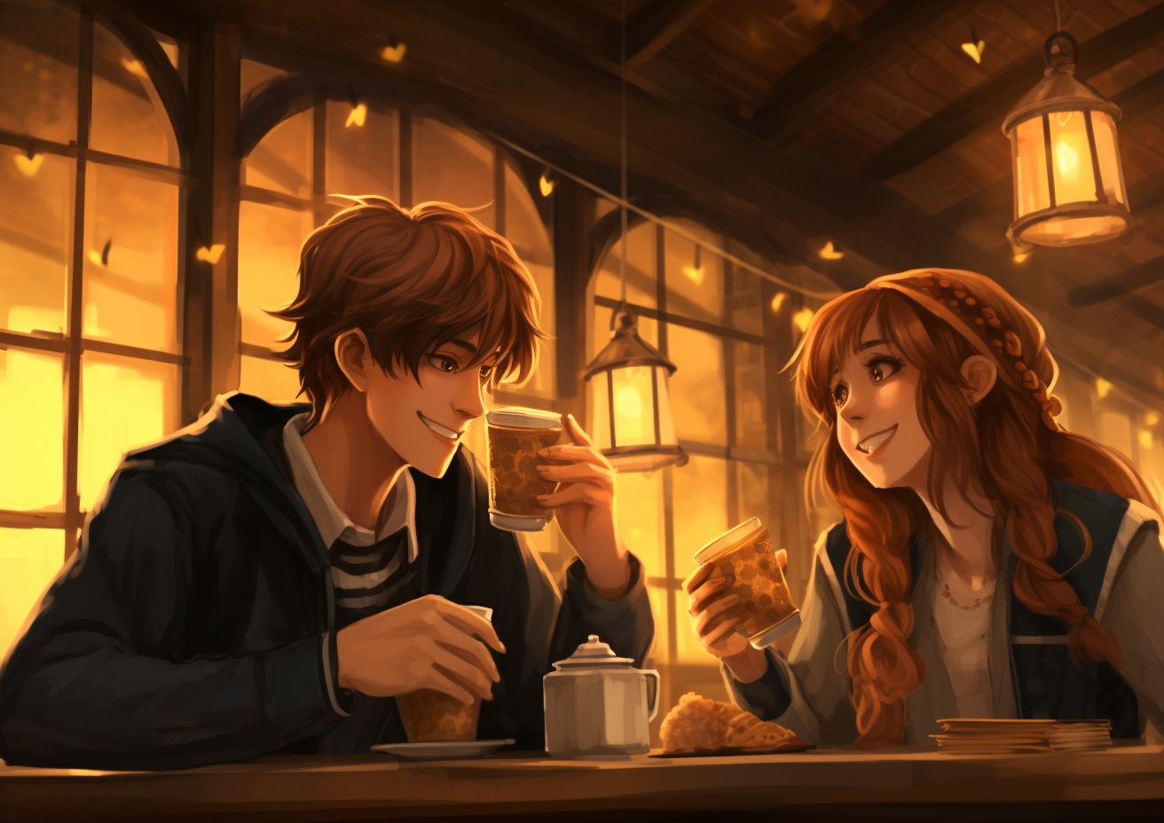 Harry Potter, Ron, and Hermione enjoying butter beer