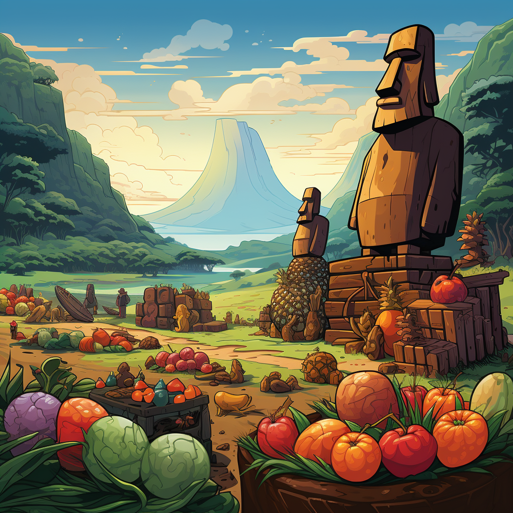 Colorful illustration of a harvest scene on Easter Island