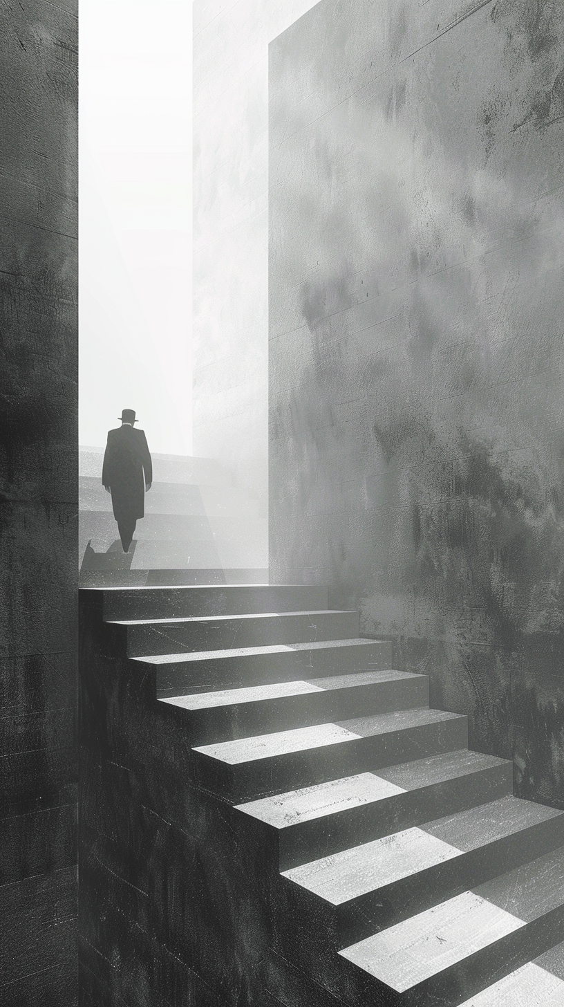 Hasidic man climbing bright staircase