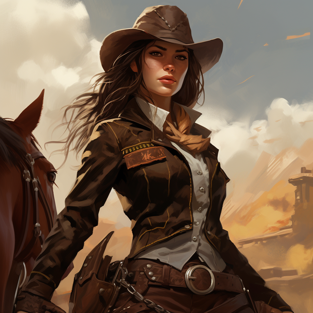 Hatchet Faced Woman Riding Horse with Wild West Attire