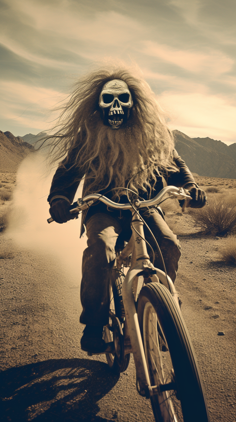 Spooky bearded ghoul face in haunted desert landscape