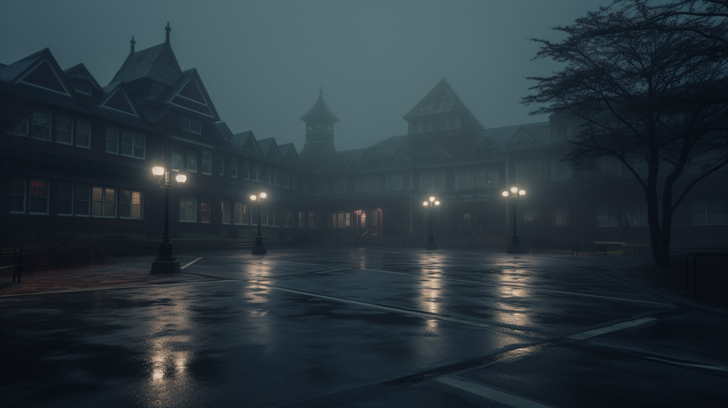 Haunted elementary school in rainy winter evening