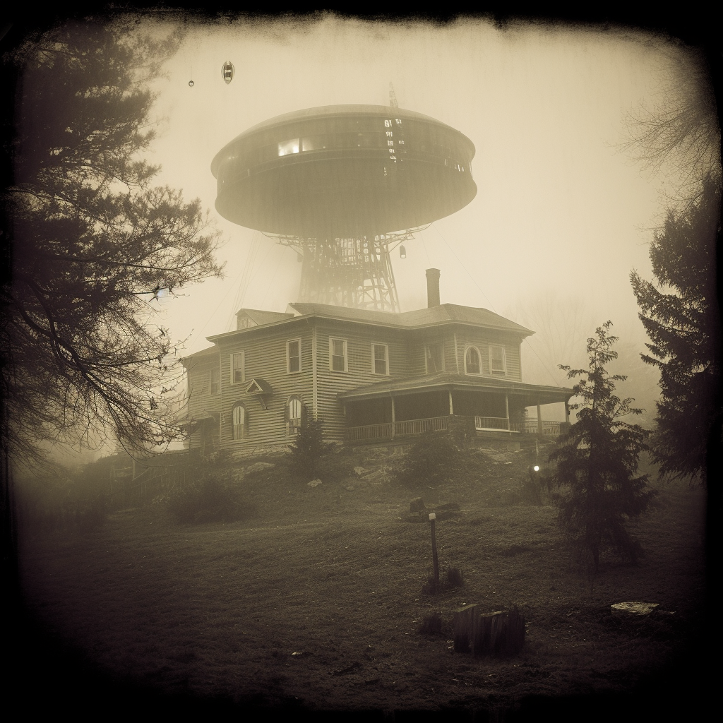 Haunted house in fog with aliens