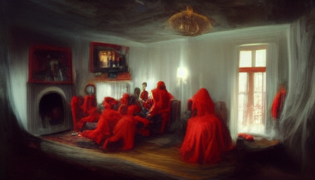 Group of People in Red Robes in Haunted House