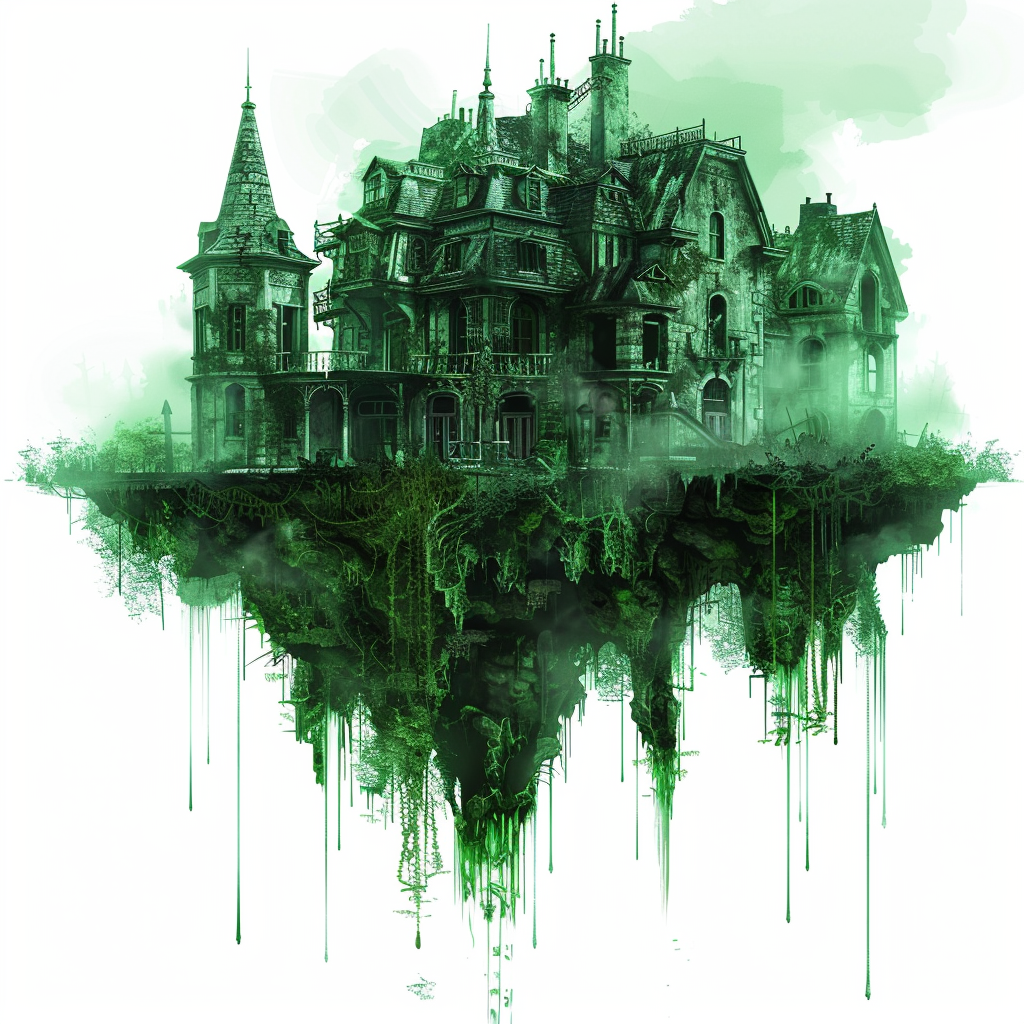 Dilapidated haunted mansion on green ocean