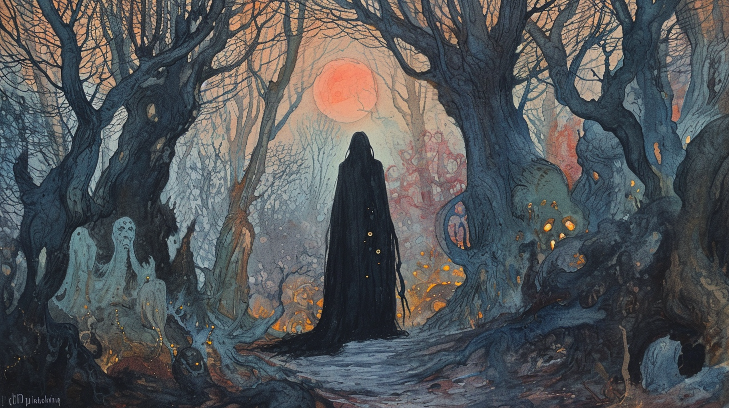 Figure in Haunted Nocturnal Forest during Lunar Eclipse