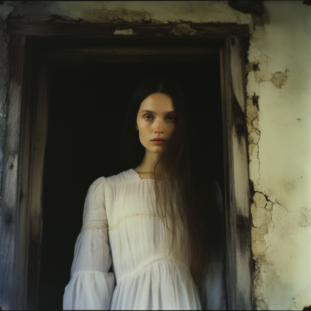 Terrifying ghostly lady in white dress in a barn
