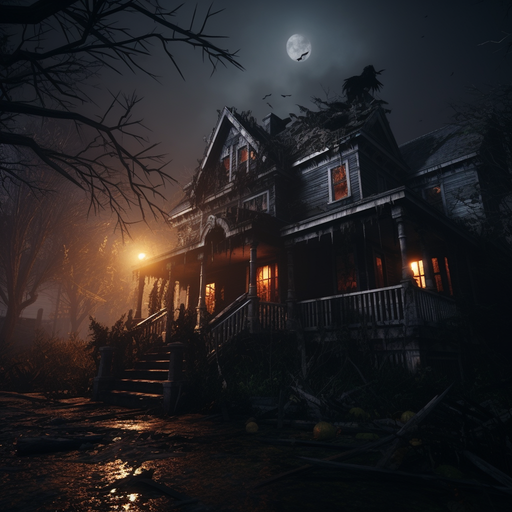 Image of contrasting haunted house and suburban home