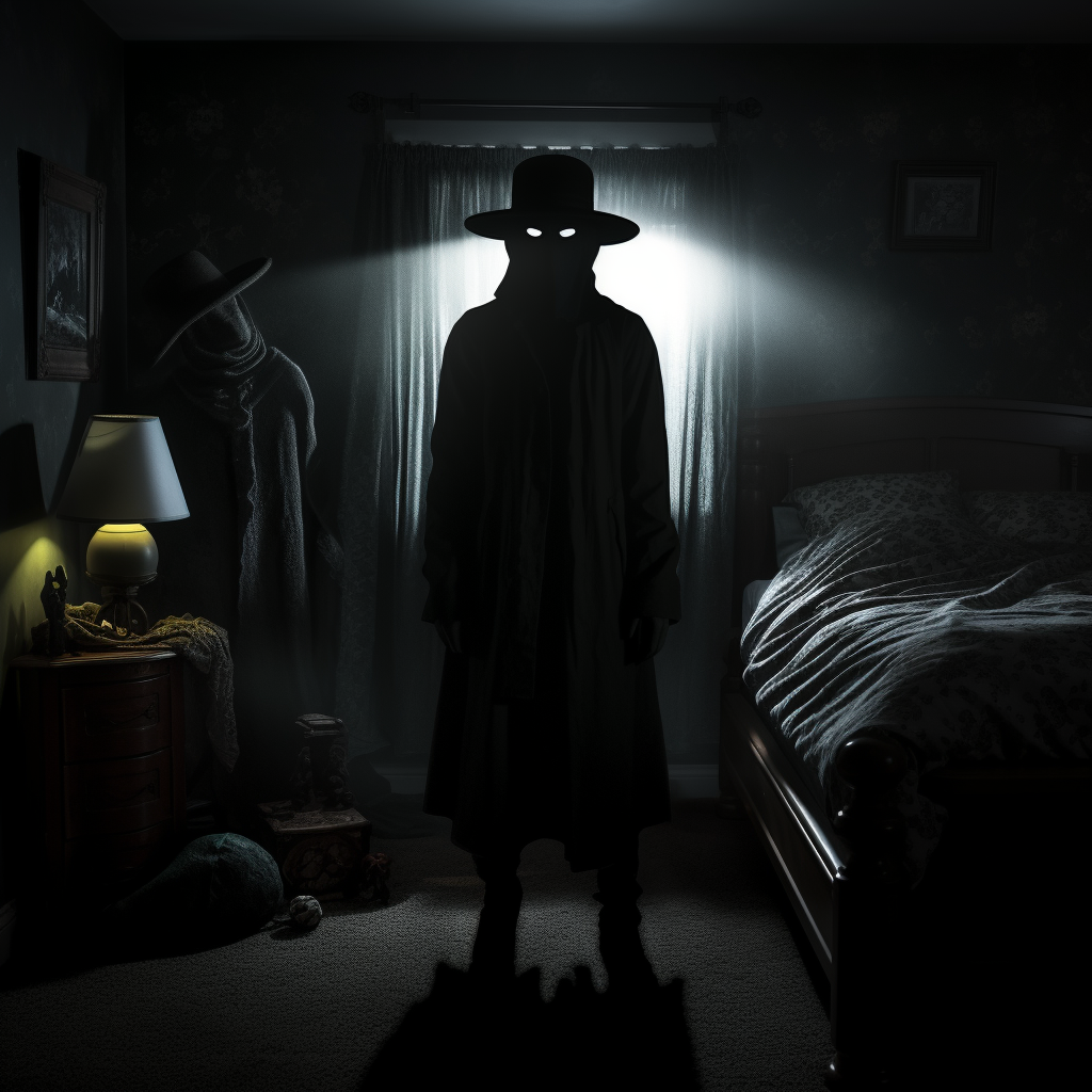 Spooky haunted shadow guy in dark bedroom