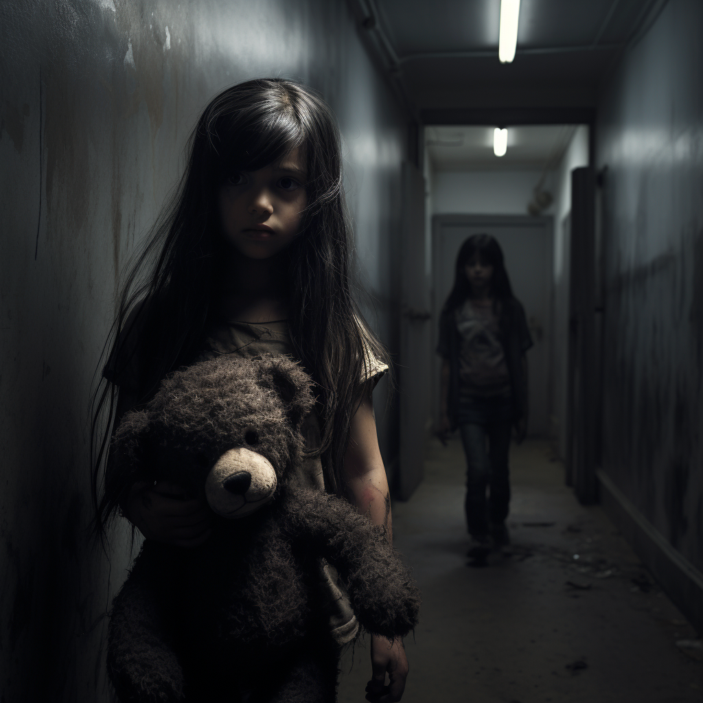 Dark-haired girl with tattered teddy in dimly lit corridor