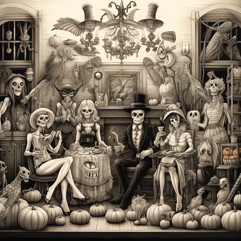 Detailed Halloween Illustration with Ghosts and Witches