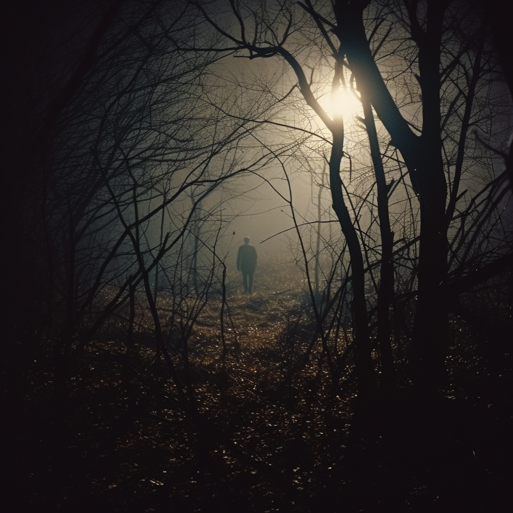 20-year-old man walking in creepy moonlit woods