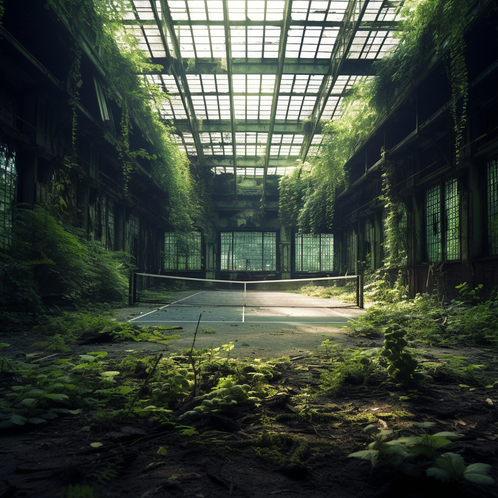 A hauntingly beautiful abandoned tennis court scene