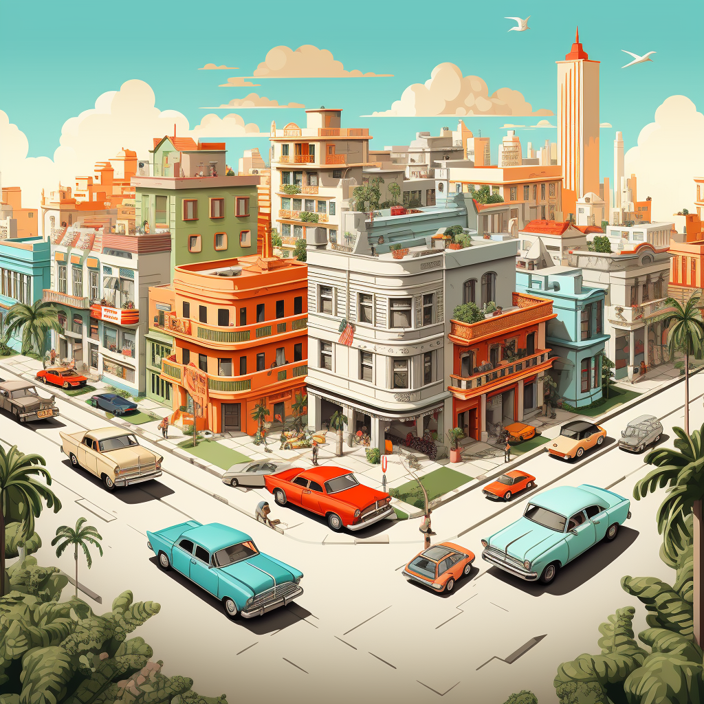 Detailed isometric drawing of mini town in Havana