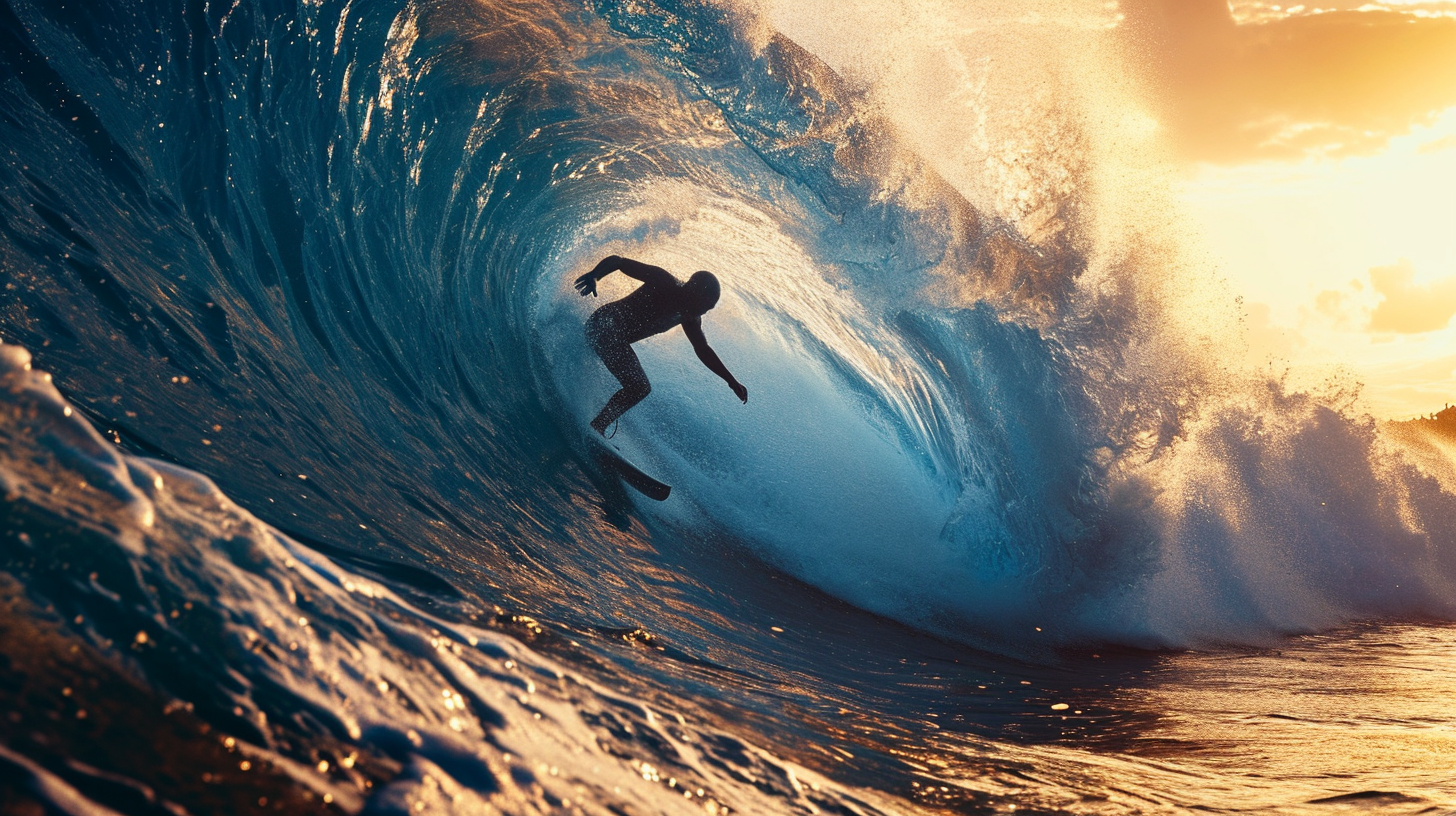 Alien surfing in a perfect barrel wave