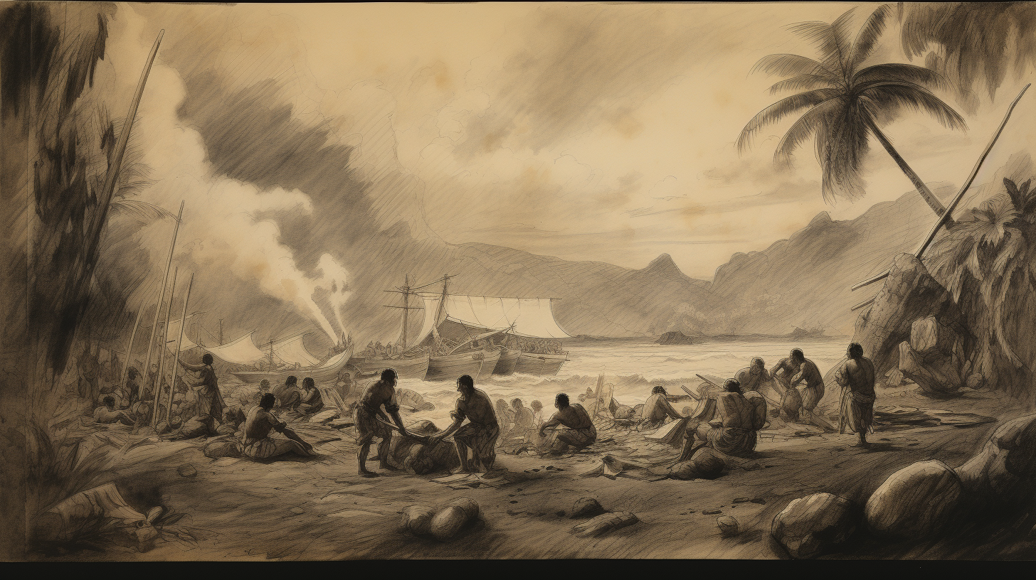 Pencil sketch of Hawaiian coast scene with native Polynesians