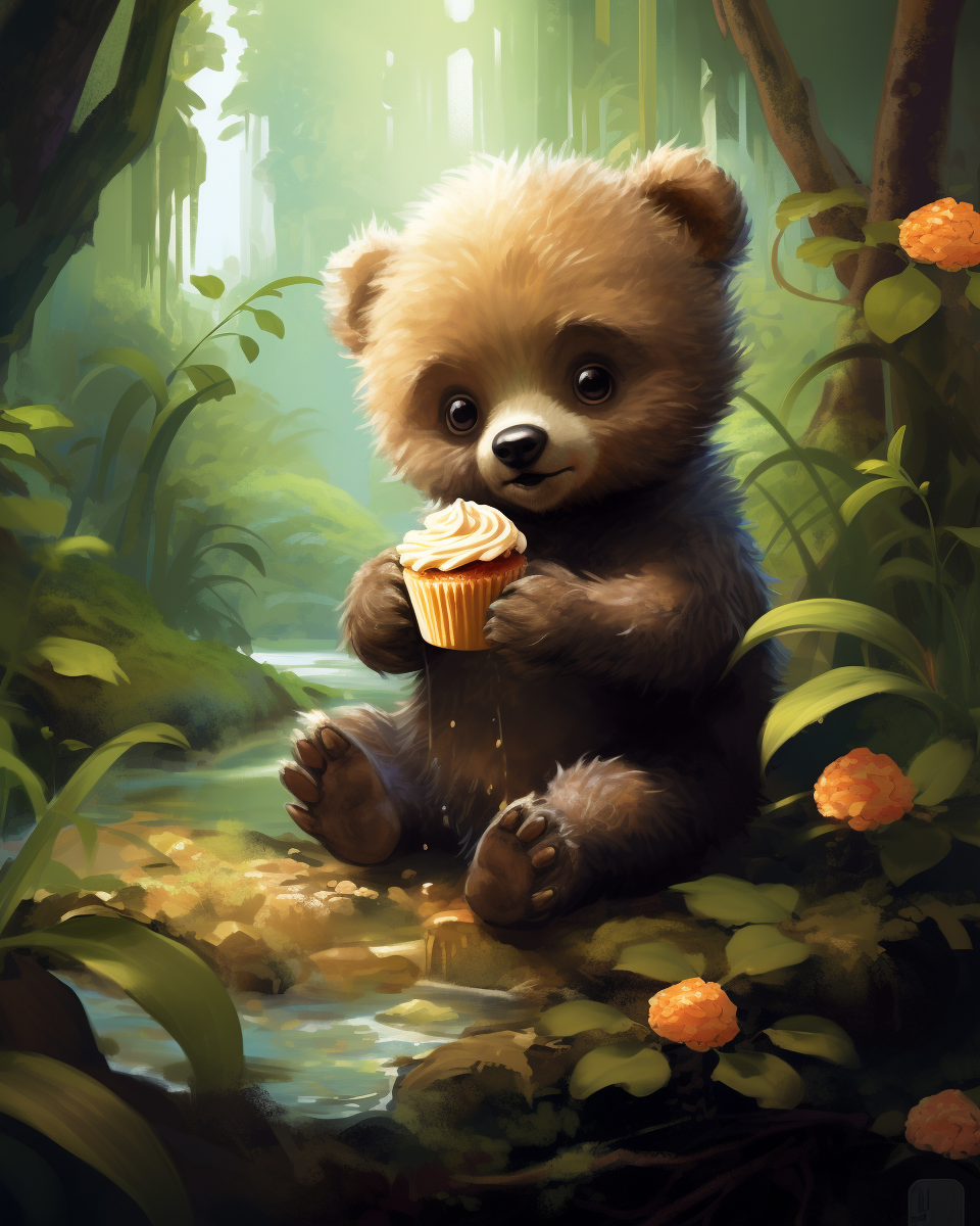 Cute baby bear enjoying delicious puff pastries