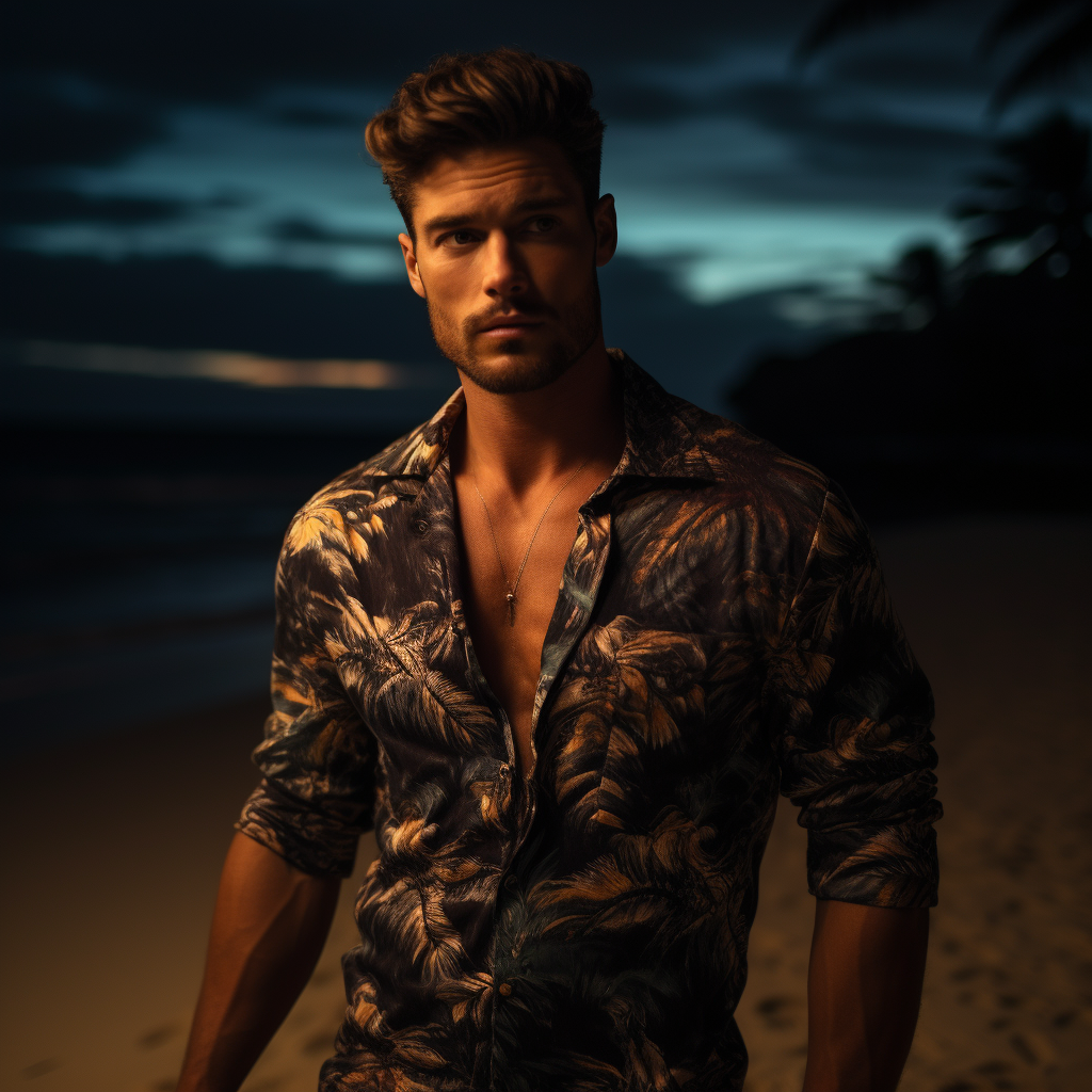 Model wearing Hawaiian shirt on a beach