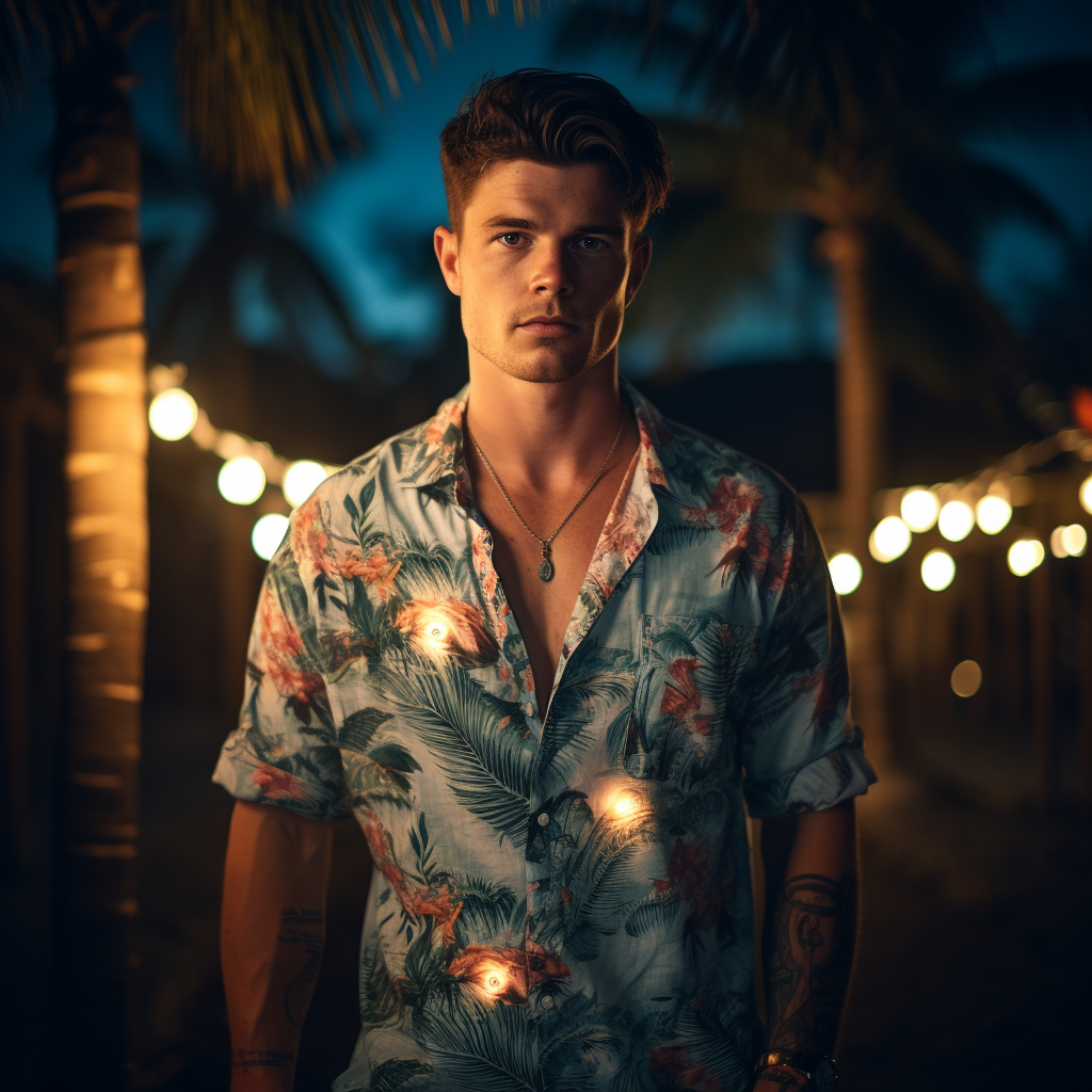 Model in Hawaiian Shirt on Beach