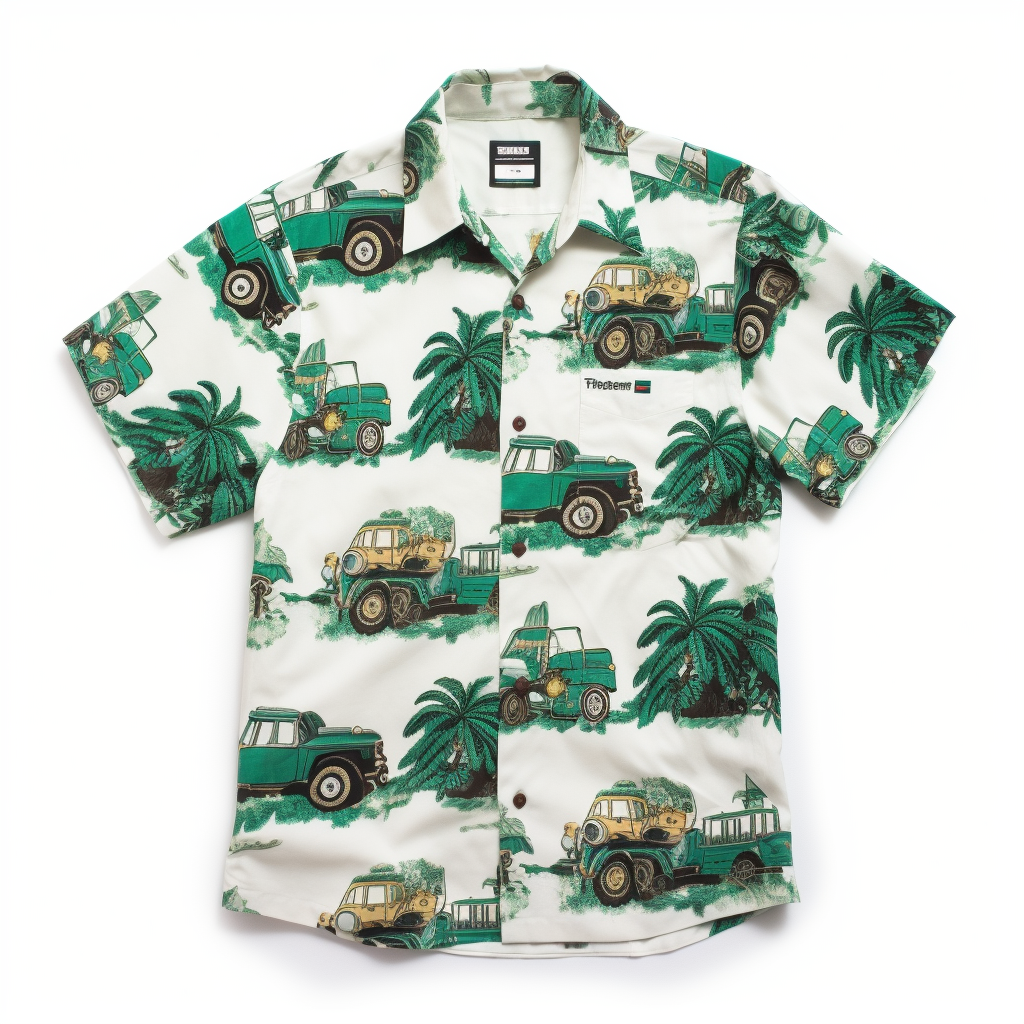 Hawaiian shirt with green Fendt tractors on white background