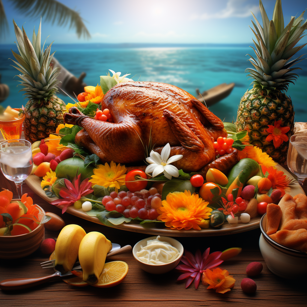 Realistic, beautiful, bright, colorful Hawaiian Thanksgiving dinner