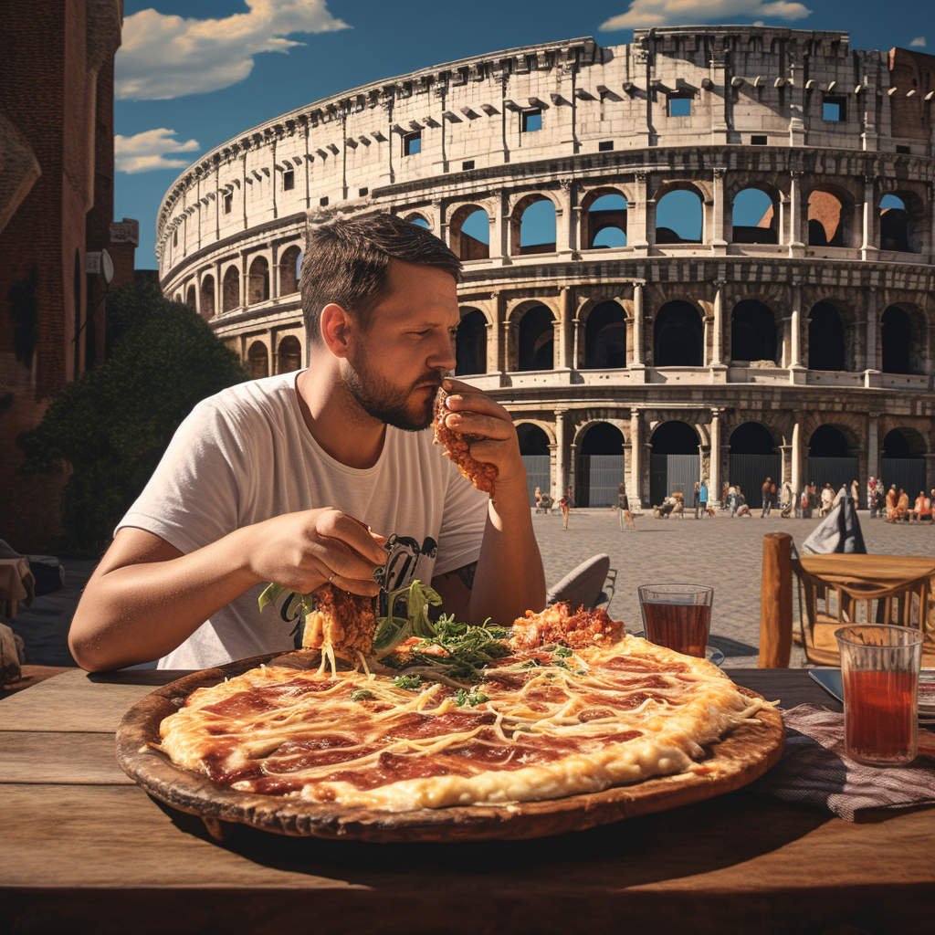 Hawain pizza in front of the coliseum