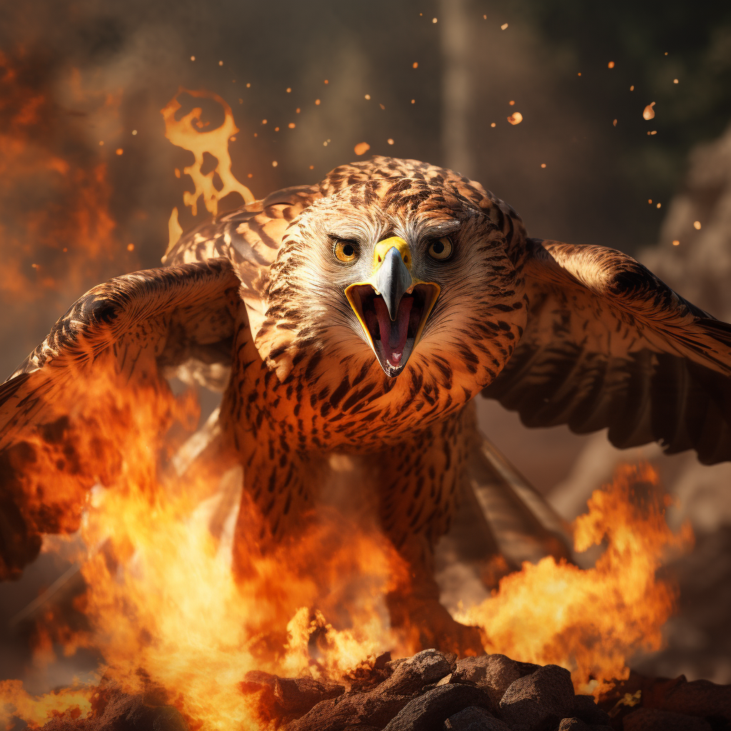 A majestic hawk playing with fire amidst a beautiful mountain landscape