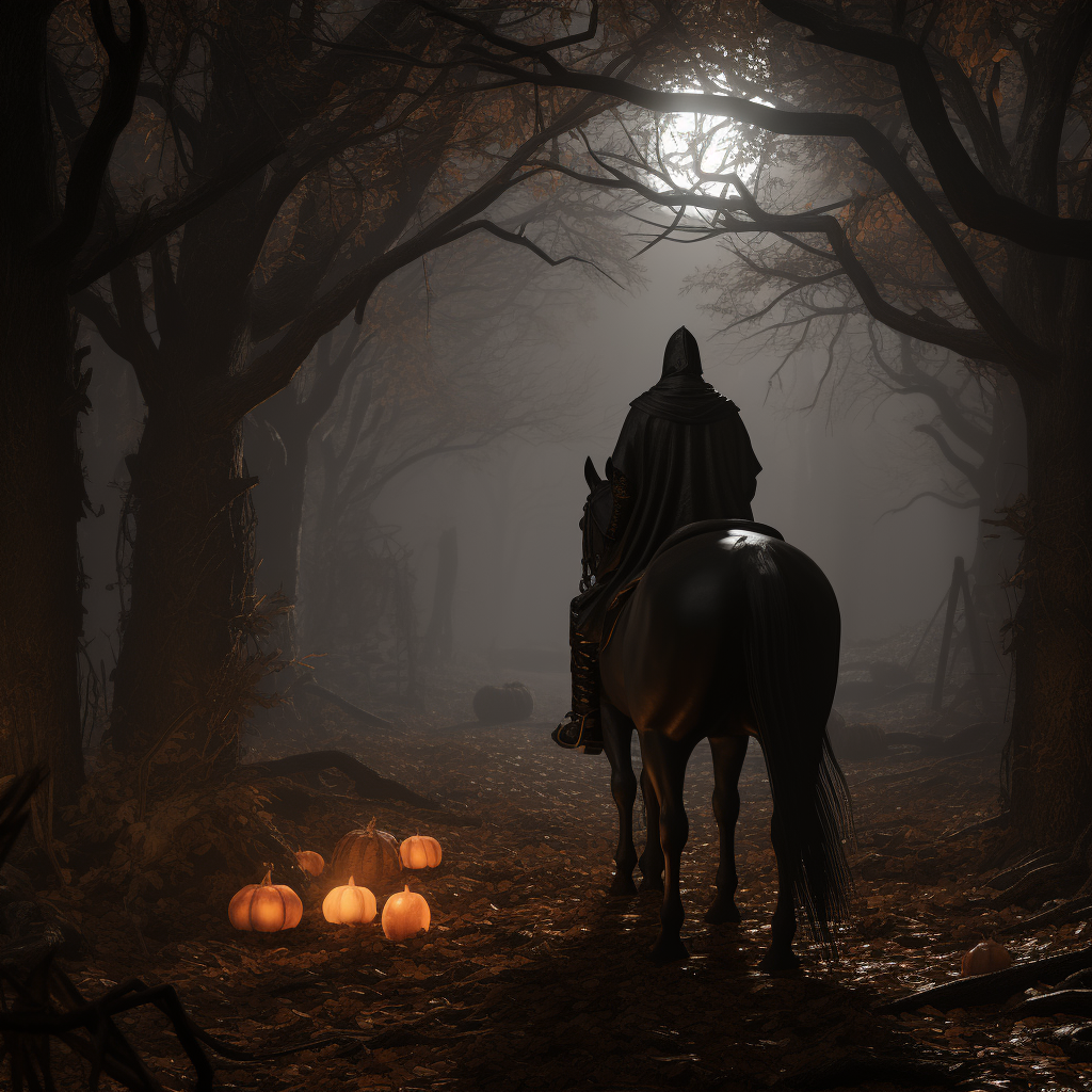 Ghostly horseman holds a pumpkin in haunted wood