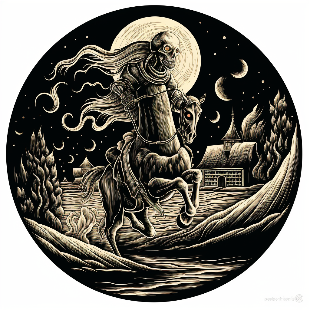 Woodcut of headless horseman with pumpkin