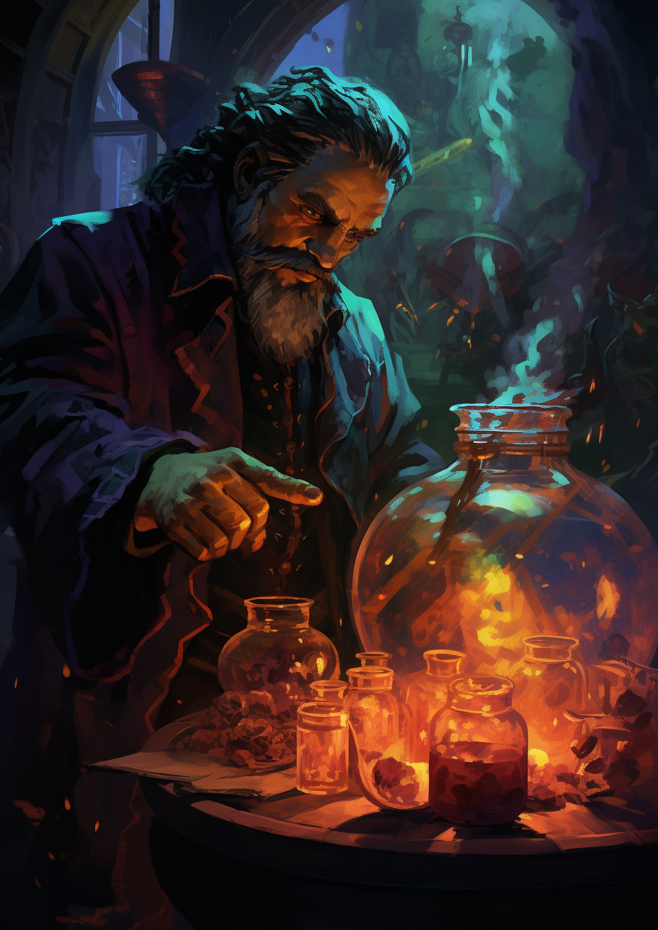 Cartoon Alchemist Creating Healing Potions