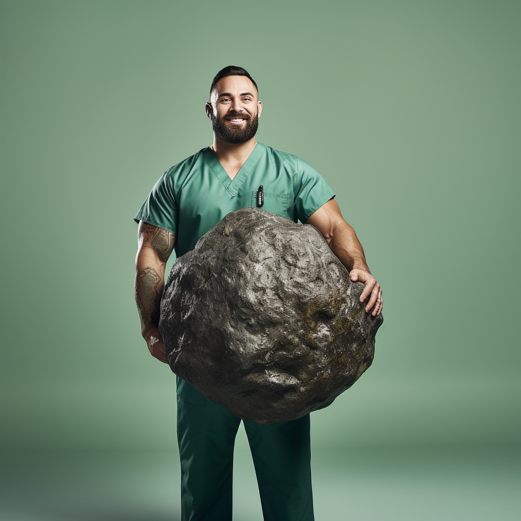 healthcare professional holding giant boulder