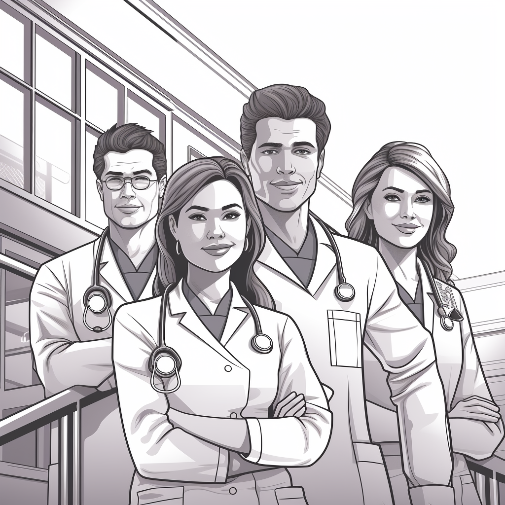 healthcare professionals in uniform line art