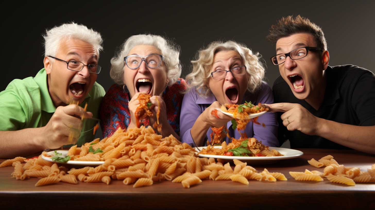 Healthy Boomer Friends Eating Penne Joke