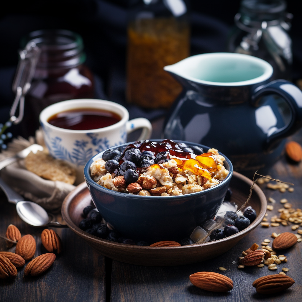 Healthy Breakfast with Oatmeal Blueberries Nuts Black Coffee