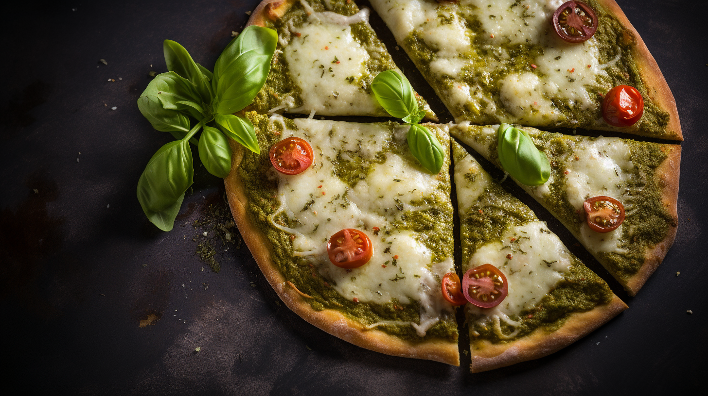 Tasty Pesto Pizza on Dark Background