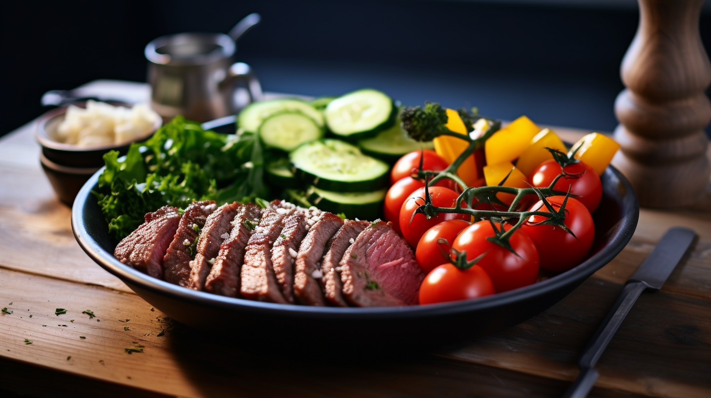 View a photo of a healthy food bowl in a kitchen with bright natural light, vibrant colors, vegetables, and steak. Quality 4K image.