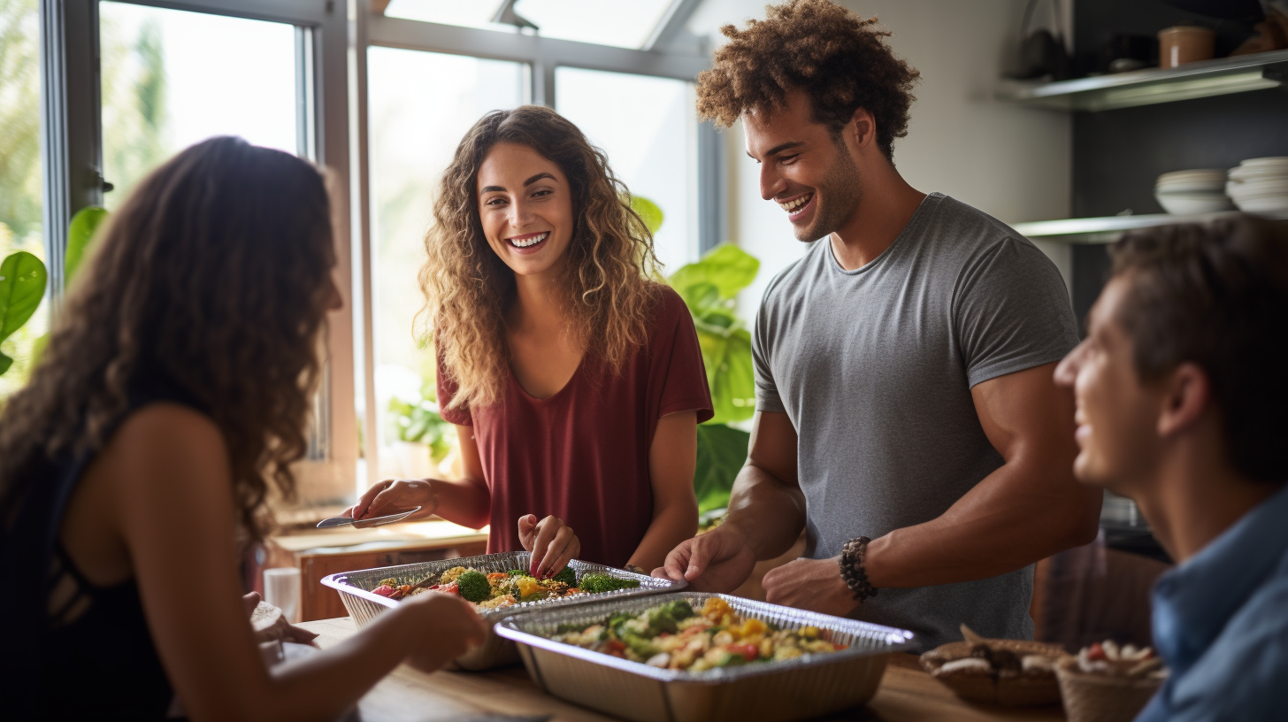 Gen Z friends eating penne in gym kitchen