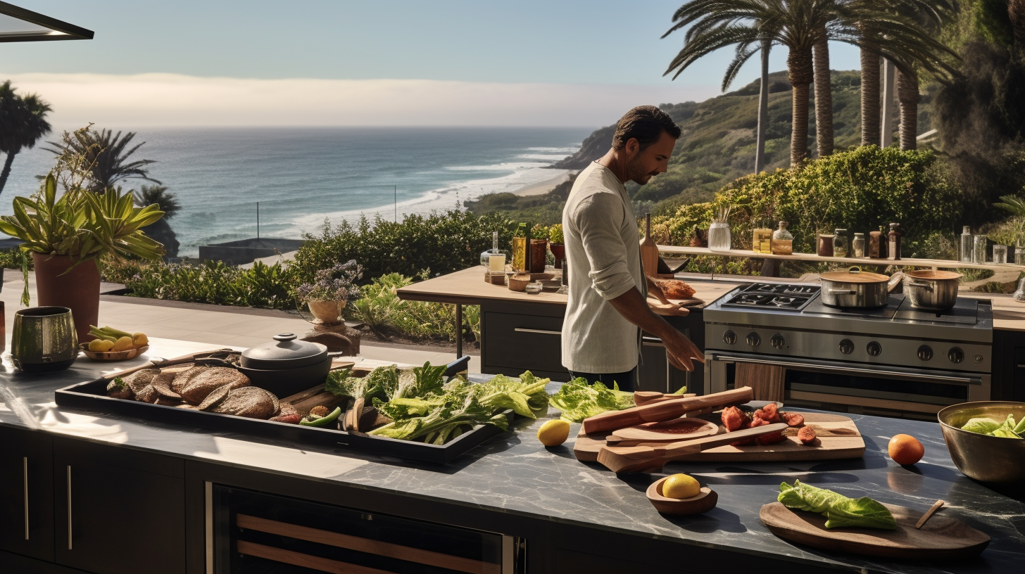 Healthy penne in outdoor kitchen