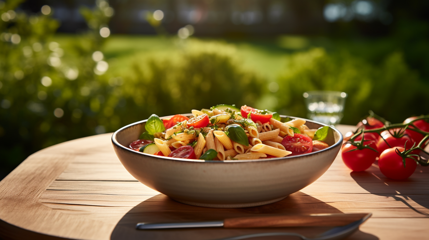 Healthy penne in outdoor kitchen