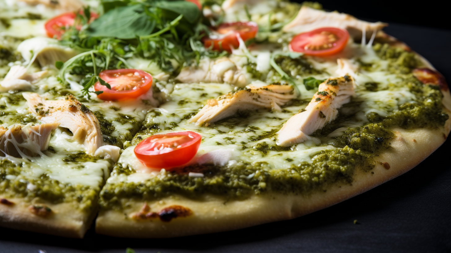 Close-Up of Tasty Pesto Chicken Pizza