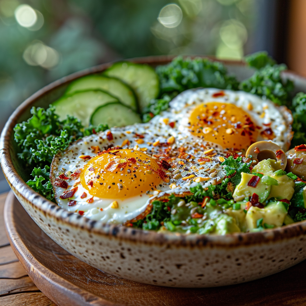 Healthy steaming dish with fried eggs