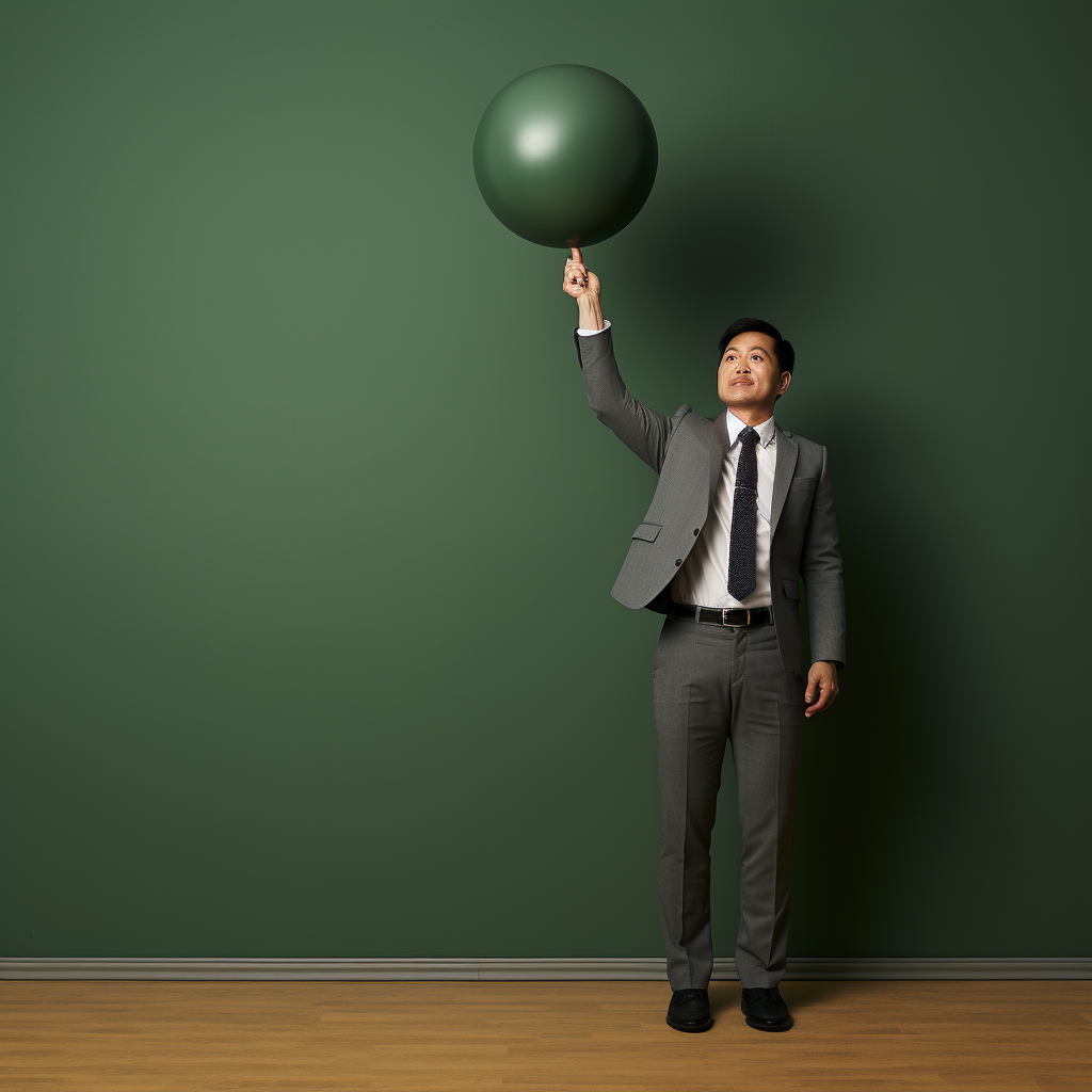 Asian man showcasing strength with green ball