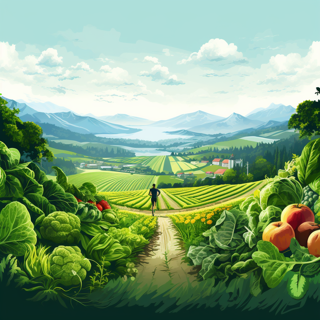 Person running in green landscape with healthy food