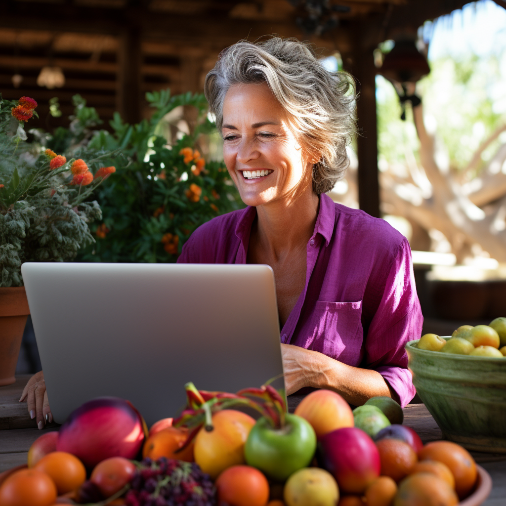 Smiling woman with laptop and fruits