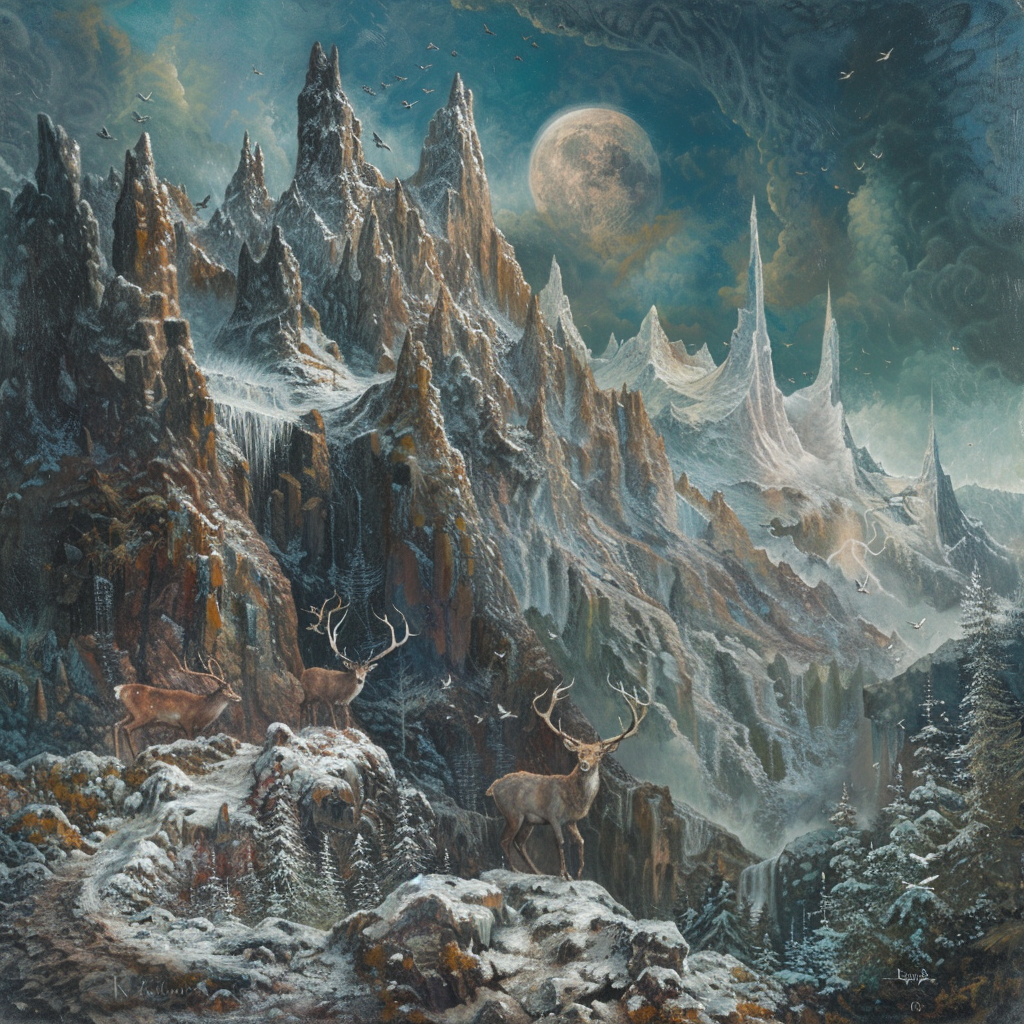 Fantasy creatures in mountain landscape