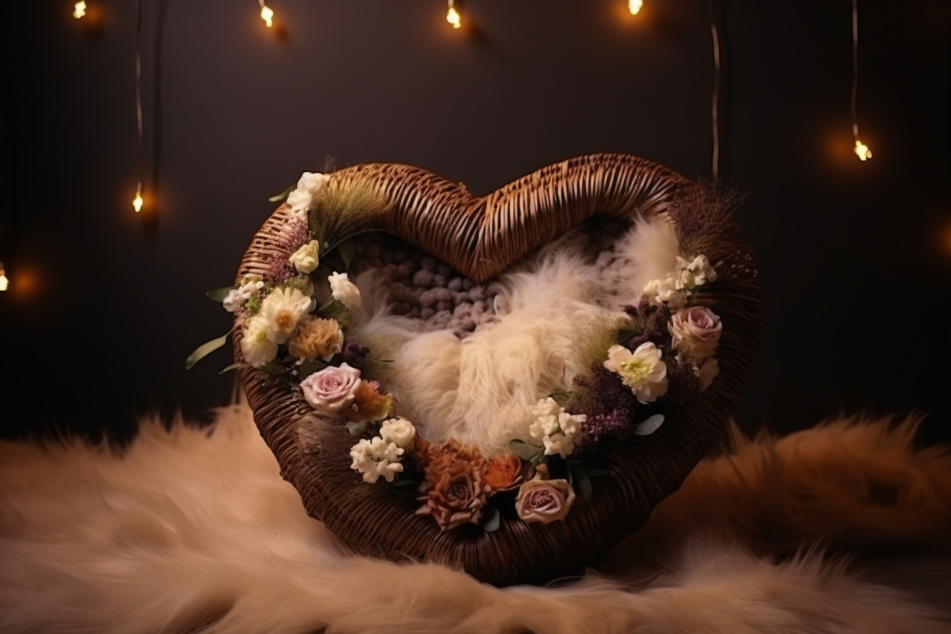 Empty heart basket with fluffy blanket and floral garland